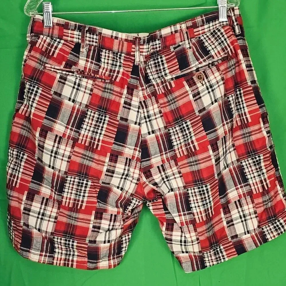 J Peterman Mens Red Madras Plaid Bermuda Shorts 34